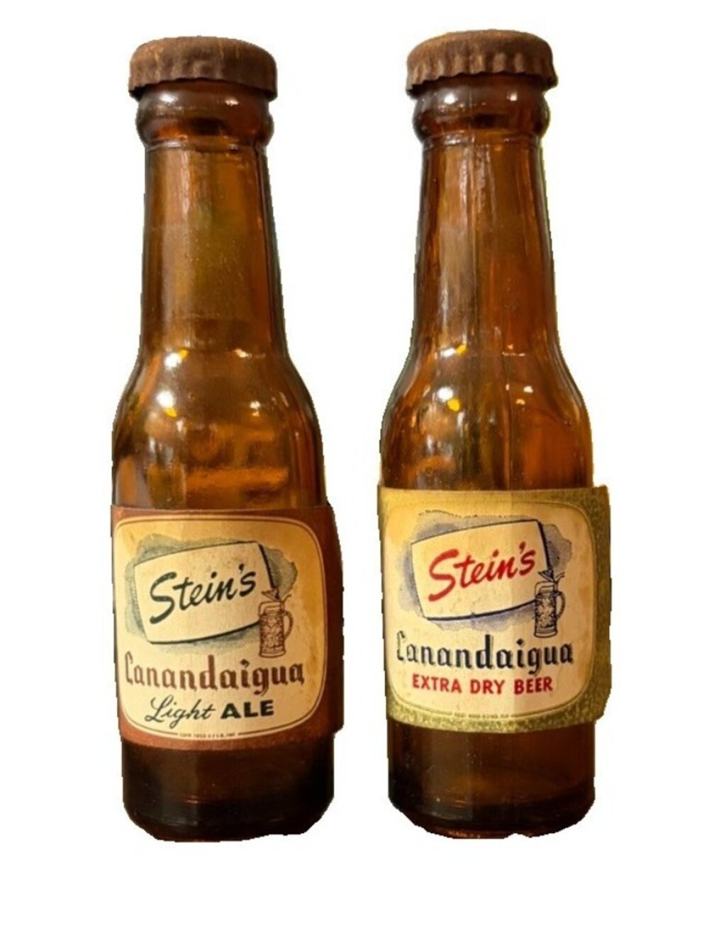 Vintage Stein’s Canandaigua NY Beer Salt Pepper Shakers Mini Glass Bottles Ale